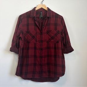 Seven7 Plaid Button Down Roll Sleeve Shirt - Dark Red/Black - Size M
